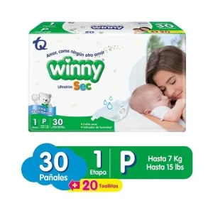 PAÑAL WINNY ULTRATRIM SEC ETAPA 1 PQX30 + 20 TOALLITAS HUMEDAS ALOE VERA(TECNOQUIMICAS)