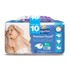 PAÑAL PEQUEÑÍN PREMIUM TOUCH ETAPA 1 PQX30 UND + 10 TOALLITAS RECIÉN NACIDO
