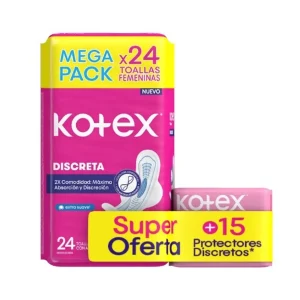 TOALLA KOTEX DISCRETA ALAS X 24 UND + PROTECTORES DISCRETOS X 15 UND SUPER OFERTA