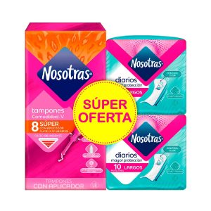 TAMPON NOSOTRAS SUPER APLICADOR X 8 UND MAS PROTECTORES DIARIOS LARGOS X 20 UND SUPER OFERTA